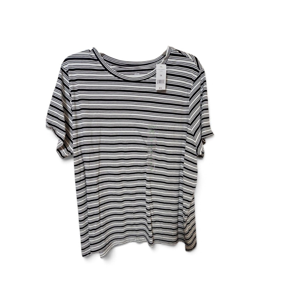 Ava & Viv Womens 1X Black White Striped Short Sleeve Crew Neck T-Shirt NWT 0464